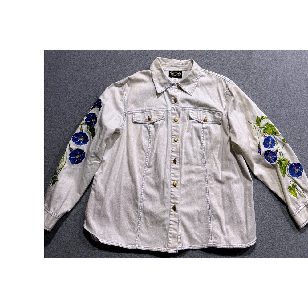 Bob Mackie Wearable Art White Denim Embroidered Floral Shirt 1X Morning Glory